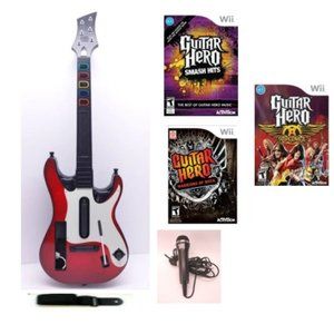Wireless Nintendo Wii Guitar Hero 5 Red Sunburst Guitar Controller+ MIC+ 3 Games